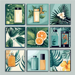 set of images. Set of postcards with tropical leaves and cosmetics. Beautiful modern postcards. Vector illustration.