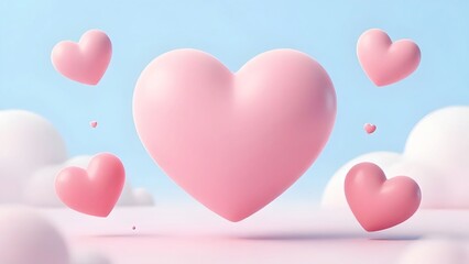Sweet pink 3d hearts gracefully float in a dreamy pastel blue sky, embodying romance and tenderness