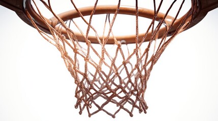 A close-up view of a basketball hoop, highlighting its net and rim against a bright background.