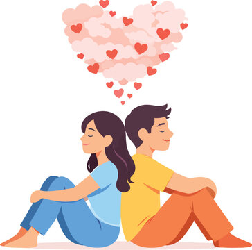 Romantic Couple Sitting Back to Back with Heart Shaped Love Clouds Illustration