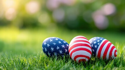 Colorful decorated eggs in red, white, and blue patterns are resting on vibrant green grass, symbolizing festive celebration and springtime joy in a bright outdoor setting