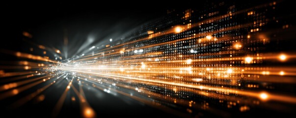 A dynamic, abstract representation of glowing binary data streams, illustrating digital technology and information flow against a dark background.