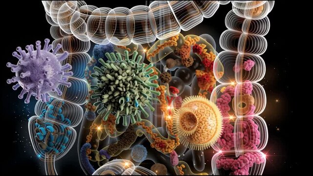 A colorful image of a human digestive stomach and intestine with a variety of bacteria and viruses. The image is meant to be a visual representation of the importance of maintaining a healthy gut