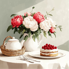 cake with berries. A beautiful retro-style picture with peonies. A cake and a white teapot are on the table. Vector illustration suitable for postcards, posters, and restaurant menus.