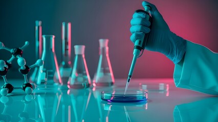 Futuristic laboratory scientist hand using micropipette for medical research with neon lighting