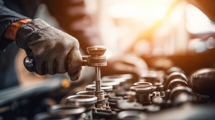 A mechanic uses a wrench to repair an engine, showcasing the intricacies of automotive work with a warm, focused background light.