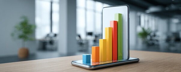 A smartphone displaying colorful bar graphs, symbolizing data analysis and business growth in a modern office environment.