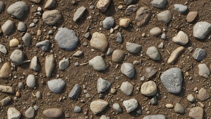 Pebbles and small rocks scattered on natural brown dirt ground texture