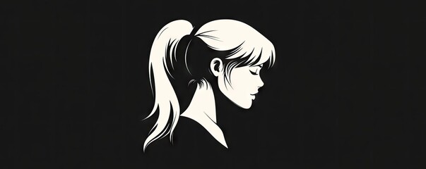 A black-and-white digital illustration of an anime girl in profile, with her hair styled in a high ponytail