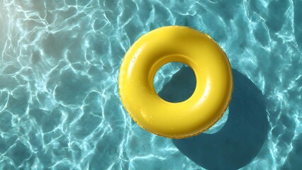 Yellow inflatable swim ring, tube, rubber ring, floating ring, floatie in the turquoise blue swimming pool. Swimming tube, inflatable swimming pool ring floating in blue water.