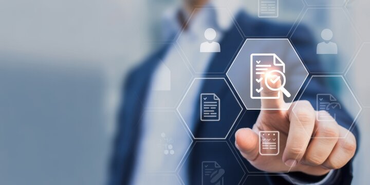 Digital Document Management: A focused hand interacts with futuristic holographic documents, highlighting the power and accessibility of paperless systems and cloud document management. - Powered by Adobe