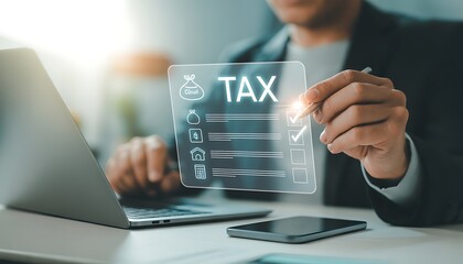 A professional is using a laptop to file tax returns, with a digital interface displaying tax-related icons and a checklist, symbolizing the ease and efficiency of online tax filing.