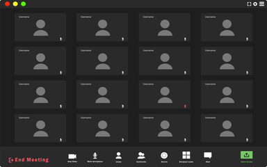 Online meeting with multiple participants showing user icons in a grid format on a digital screen