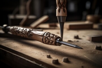 Handcrafted wooden awl and chisel resting on a dusty wood surface, reflecting craftsmanship