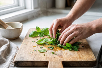 Hands chopping fresh herbs on a wooden cutting board