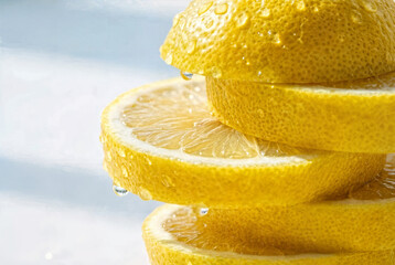 Fresh sliced lemon with water drops in bright natural light.