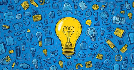 Vibrant yellow light bulb centered among colorful hand-drawn doodles of ideas and symbols on bright blue background