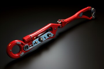 Red industrial tool with mechanical parts extending on a dark background