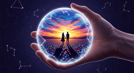 Hand holding sphere with couple silhouette on field, under sunset. Constellation pattern overlays the globe, against a dark starlit background representing love