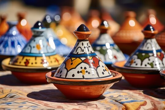 Colorful ceramic tagines presenting traditional moroccan craftsmanship and cuisine culture