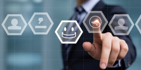 Naklejka premium Business touch: a professional in a suit, pointing at a user-friendly interface representing different services and functionalities, conveying innovation and modern business concept.