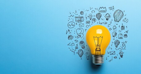 Bright yellow light bulb with hand-drawn idea icons and doodles scattered on light blue background