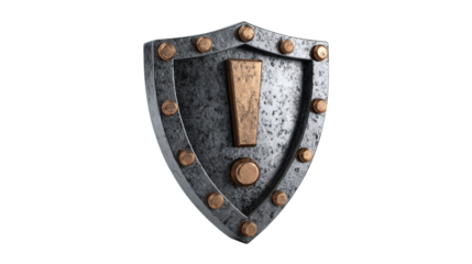 Warning shield with exclamation mark isolated on a white background.