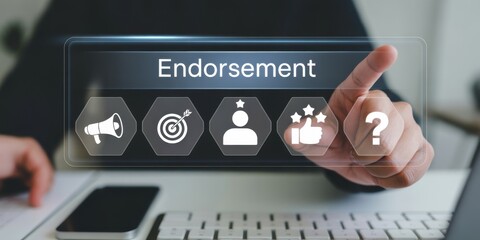 Digital Endorsement: A finger touches a digital screen, initiating the 'Endorsement' process, showcasing symbols of communication, focus, recognition, support, and query.
