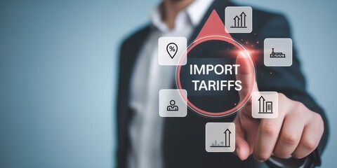 Import Tariffs in Business: A business person, pointing at Import Tariffs concept using augmented reality or similar technology, presenting financial concepts.