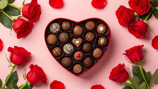 Heart shaped box of assorted chocolates surrounded by red roses on pink background