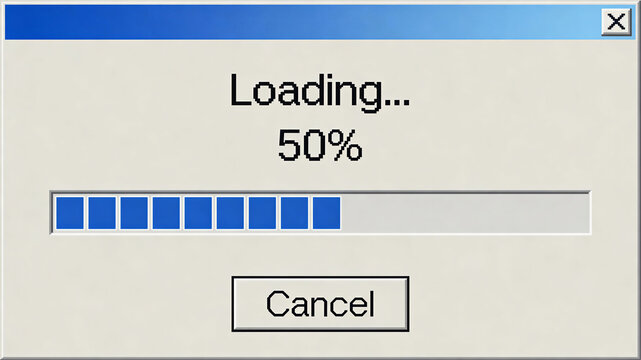 Computer screen displays a loading progress bar at fifty percent with a cancel button ready for user interaction and a close option