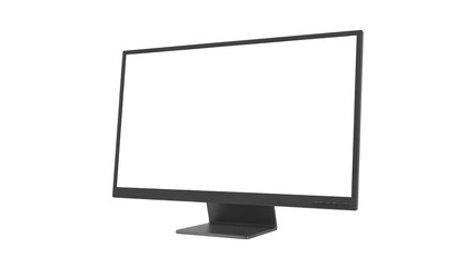 High-resolution modern flat-screen computer monitor, slim black bezel, sleek minimalist design, angled display with subtle shadow, isolated white background, contemporary tech aesthetic.