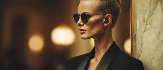 Cinematic close-up of elegant fashion model wearing sunglasses, AI-generated.
