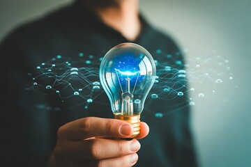 A person holding a glowing light bulb with a network of connections emanating from it, symbolizing innovative ideas and creativity.