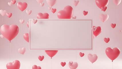 Pink heart balloons floating around a blank white rectangle frame on pink background