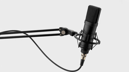 High-end black condenser microphone on adjustable arm, XLR cable with metallic details, matte finish, professional studio lighting, soft shadows, modern sleek design, pure white background.