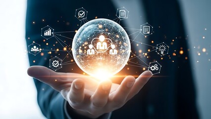 A person is holding a glowing glass orb with a network of people icons inside, surrounded by various digital icons and symbols, representing connection, technology, and data.