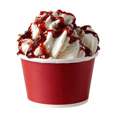 Creamy vanilla ice cream in a red paper cup, drizzled with a dark sauce