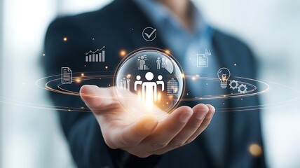 Businessman holding virtual team network globe