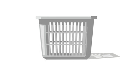 Empty grey plastic laundry basket with shadow on a white background, household item for clean clothes