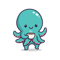 Obraz premium Cuddly Octopus Enjoying a Cup of Coffee Vector Illustration