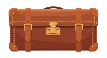 Vintage brown leather suitcase with gold buckles and straps, classic travel luggage isolated on white