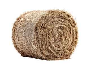 Rolled bale of light brown hay.  A tightly wound, circular bale of hay.  Light brown color,  with a visible spiral pattern.  Isolated on black background