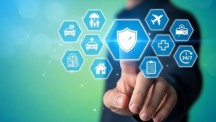 Man interacting with virtual insurance icons and security shield