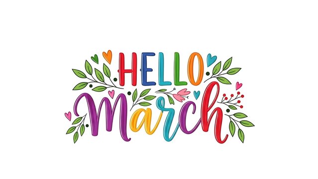 Hello march greeting with colorful typography and floral elements