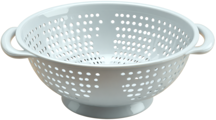 Colander plastic kitchen utensil isolated on a white background.
