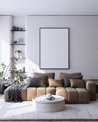 Modern Living Room Poster Frame Mockup with Natural Light and Minimalist Decoration. 3D render.