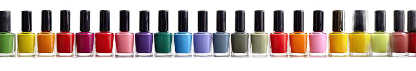 Row of nail polish bottles in various colors (2)
