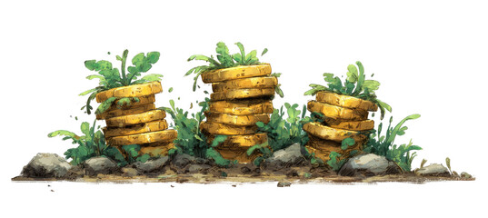 Gold coins stacked in a jungle-like environment