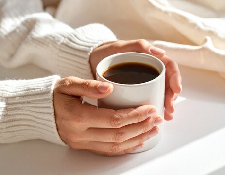 Moment du quotidien apaisant avec mains tenant une tasse de caf&eacute; en lumi&egrave;re matinale